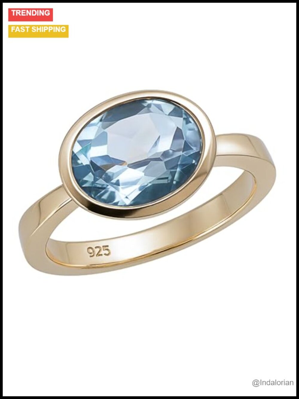 Blue Topaz Oval Cut Ring 8x10mm 925 Sterling Silver 3 Micron Gold Plated